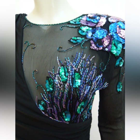 Vtg Casadei Black Sheer Sequin Beaded 80's Glam Ruched Draped Cocktail Dress 8 - Picture 3 of 6